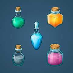 Game icon of magic elixir. Magic potion bottles set. Vector illustration.