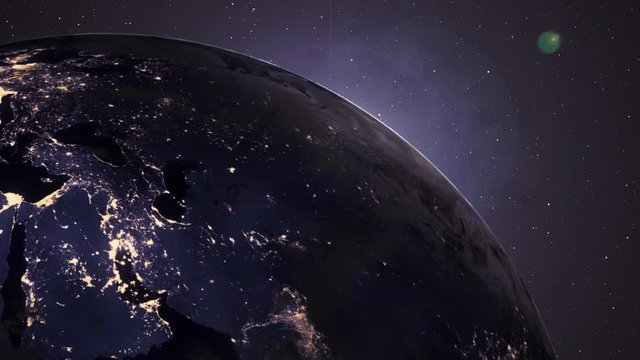 Video Footage of View angle Beautiful Sunrise over the Earth.Changing from City light Night to Day time.3D Motion graphic Rising Shining.3D Rendering animation using satellite imagery (NASA).4K.Ultra