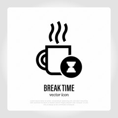 Break time thin line icon. Cup of hot coffee and hourglass symbol. Vector illustration.