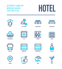 Hotel thin line icons set: rating, pet allowed, single bed, double bed, elevator, arrival date, departure date, heating, air conditioner, reception, wi-fi, breakfast, bar. Vector illustration.