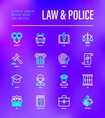 Law and police set. Policeman, judge, prosecutor, lawyer, court, prison, fingerprint, conviction, evidence flat line icons. Vector illustration.