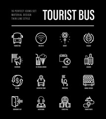 Tourist bus thin line icons set: free wi-fi, schedule, emergency exit, tourist route, departure point, socket, audio guide, luggage, refund, double decker. Vector illustration for black theme.