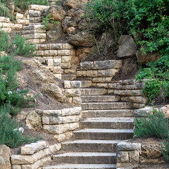 Old stone stairway with green bushes outdoors