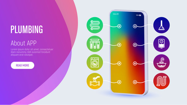 Plumbing Web Page Template With Copy Space. Mobile App On Smartphone With Thin Line Icons In Circles: Water Meter, Sink, Water Filter, Faucet, Washing Machine, Siphon, Pipe. Vector Illustration.