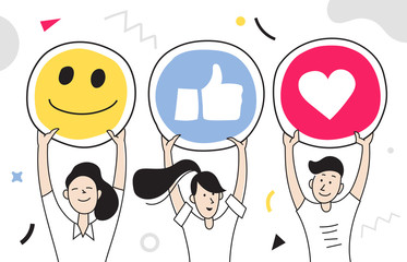 Creative teamwork, cooperation and partnership concept. Three young people raising signs of social medias (Like, Love and Smile). Vector illustration.