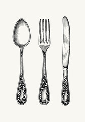 Silverware. Vintage spoon, fork and knife.