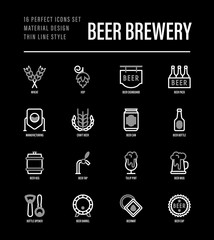 Beer brewery thin line icons set: manufacturing, craft, tap, mug, tulip pint, wheat, hop, bottle opener, barrel. Vector illustration for bar or restaurant. Black theme.