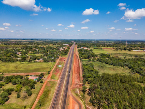 Aerial view of the new Route 7 (Ruta 7) from Caaguazu to Ciudad del Este in Paraguay, which has been expanded to four lanes.