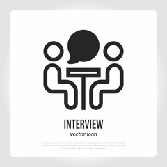 Interview or business meeting symbol. Thin line icon. Two people at desk are speaking. Brainstorming or briefing. Vector illustration.