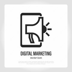 Digital marketing. Bullhorn on smartphone screen. Thin line icon. Advertising online, promotion on website. Vector illustration.