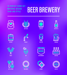 Beer brewery thin line icons set: manufacturing, craft, tap, mug, tulip pint, wheat, hop, bottle opener, barrel. Vector illustration for bar or restaurant.