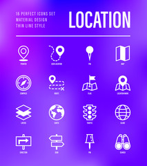 Location and navigation set. Pointer, pin, folded map, compass, route, flag, direction, search, traffic light, globe. Vector illustration.