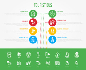 Tourist bus infographic with thin line icons: free wi-fi, schedule, emergency exit, tourist route, departure point, socket, audio guide, double decker. Template with copy space. Vector illustration.