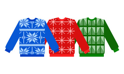 Set of knitted sweaters vector illustration. Knitted sweaters with winter patterns.