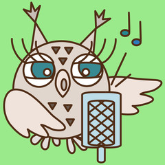 Emoticon with a cool owl girl who stands at a vintage microphone and sings, simplistic colorful picture, vector art 