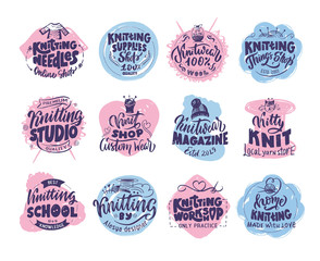 Knitting studio, handmade logo, phrases, stamps set. Vector illustration black set with textures.