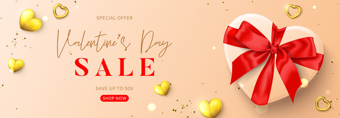 Fototapeta na wymiar Valentine's Day sale promotion background. Vector illustration with realistic gift box, gold hearts and golden confetti. Promo discount banner.