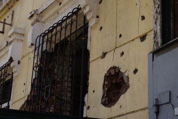 Destroyed building after hostilities. Photo of the destroyed building, the theme of the war....