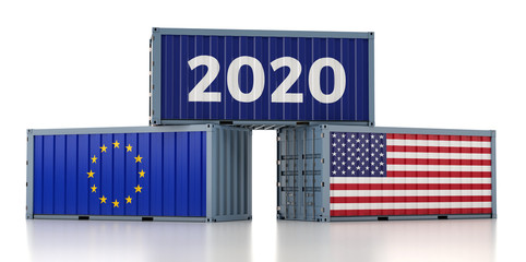 Year 2020 - Freight container with USA and European Union flag. 3D Rendering