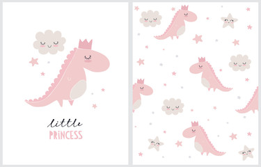 Hello Princess. Cute Simple Dino Illustration with White Fluffy Smiling Clouds and Stars on a White Background. Simple Nursery Art for Baby Girl. Print with Pink Dinosaur Princess, Clouds and Stars. 
