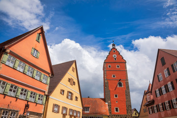 Fototapeta na wymiar Colorful houses and Wornitz Gate of Dinkelsbuhl historic town in Central Franconia Bavaria Germany