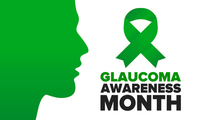 Glaucoma Awareness Month. Celebrate annual in January. Vision problems. Save your eyes. Prevention and protection. Green ribbon. Medical healthcare concept. Poster, banner and background. Vector