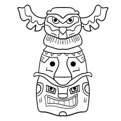 Totem bird made of stone or wood. Landmark Vector, native idol. Vector illustration. Coloring page, Coloring book. Contour.
