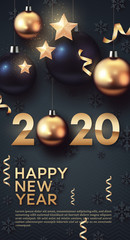 Gold and black Christmas balls with golden stars. Vector illustration of happy new year 2020.