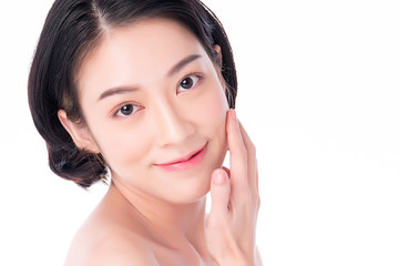 Beautiful Young Asian Woman with Clean Fresh Skin. Face care, Facial treatment, on white background, Beauty and Cosmetics Concept.