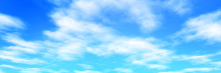 Obraz premium Kolorowy krajobraz panoramiczny: błękitne niebo i puszyste chmury. (Płyta tylna samolotu, ilustracja generowana cyfrowo przez komputer renderowania 3D).