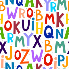 Seamless pattern with cartoon letters, decor elements. vector, typographic font. flat hand drawing. design for print, fabric, textile, wrapper