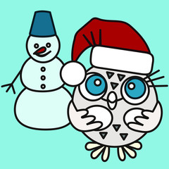 Emoticon with a cool owl boy in red hat of Santa Claus sculpts a snowman, vector illustration