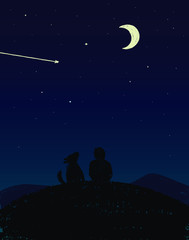 Obraz premium night landscape starry night with a sitting person and his dog crayon illustration