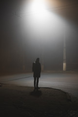 A person standing near the road in a foggy town at night. Noir aesthetics, concept of loneliness, dullness and late autumn mood