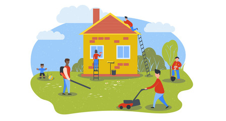 People wash and repair private house. Yard cleaning. Preparing home for sale. Spring cleaning. Painting walls. Cleaning team. Vector stock illustration in flat and cartoon style. White background.