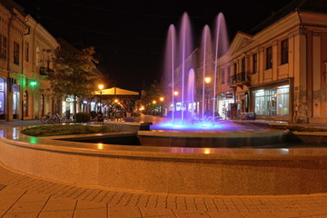 Fountain in Sombor, Serbia, at night.