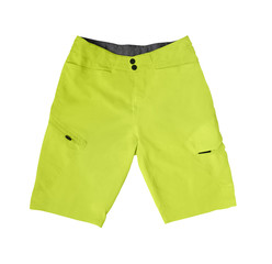 Top view of yellow sport shorts with pockets isolated on white background