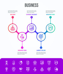 Business infographics with thin line icons. Symbols of success, strategy, finance planning, innovation, brainstorm, technical support, analytics, presentation, contract, target. Vector illustration.