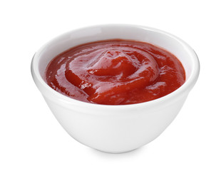 Tasty tomato sauce in bowl isolated on white