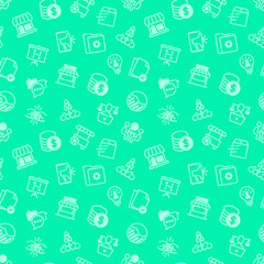 Small business seamless pattern. Thin line icons. Marketplace, market stall, home delivery, job interview, coworking, startup, finance, growth chart, partnership, self employed. Vector illustration.