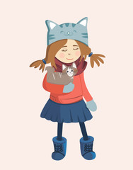 Vector illustration. Cartoon girl holding a cat. Suitable for postcards