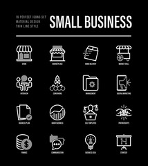 Small business thin line icons set. Marketplace, market stall, home delivery, job interview, coworking, startup, digital marketing, growth chart, partnership, self employed. Vector illustration.