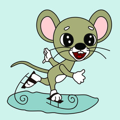 happy smiling mouse ice skating, color vector emoticon on pink isolated background