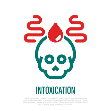 Intoxication thin line icon. Skull with drop of blood. Virus, poisonous food or alcohol, biohazard. Vector illustration.