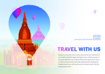 Travel sevices banner. Advertising printable template for POS materials. Air balloon silhouette with asian shrine trough. Double exposure effect.