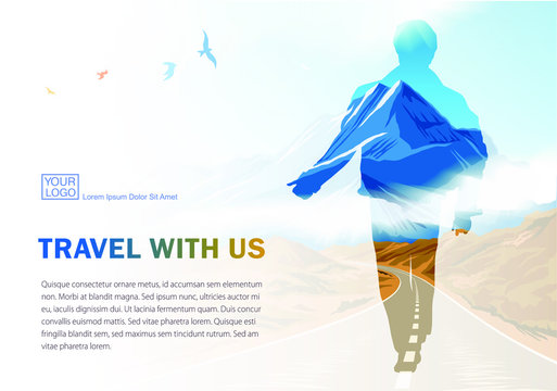 Travel sevices banner. Advertising printable template for POS materials. Man's silhouette with mountains landmark trough. Double exposure effect.
