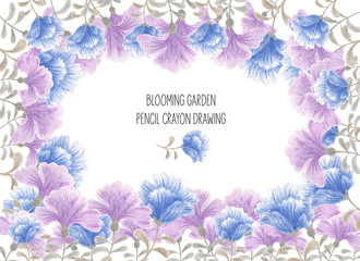 Elegant floral  mock up in hand drawing colorful flower. Ditsy print.  Layout for invitations, business cards, poster.