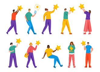 Fototapeta premium People with stars - Client feedback or review concept, online service evaluation, happy customers and their feedback, flat modern people and rating stars, smiles, likes, men and women, Vector