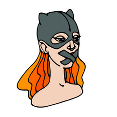 Obraz premium a young, cute, redhead girl in a cat mask with gag mouth, feminist protest performance, color vector illustration of black contour lines isolated on a white background in Doodle and hand drawn style