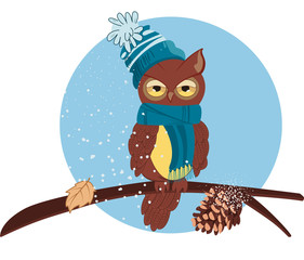 vector illustration of a cartoon owl sitting on a branch in winter